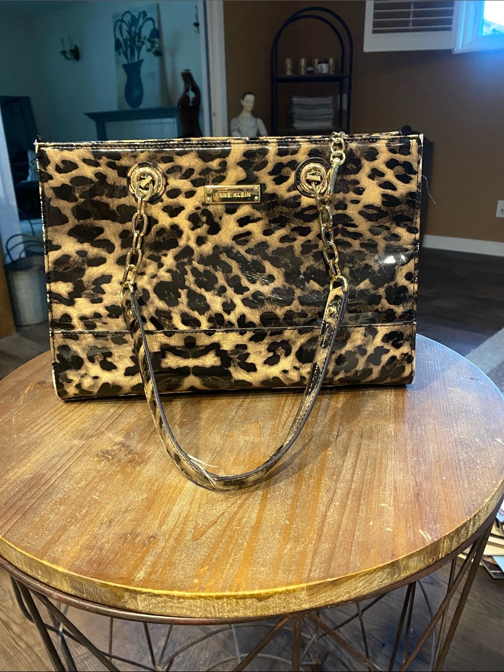 Anne Klein Leopard-Print Patent Tote in Black and Brown